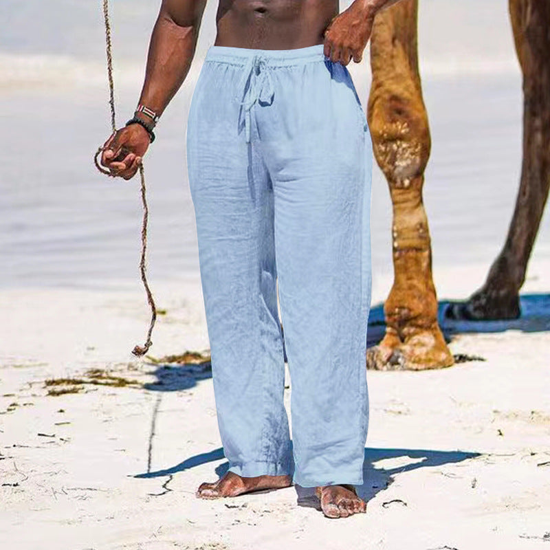 Herren lässige Strandhose aus leichtem Leinenstoff mit elastischem Bund und Kordelzug R&B