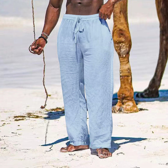 Herren lässige Strandhose aus leichtem Leinenstoff mit elastischem Bund und Kordelzug R&B