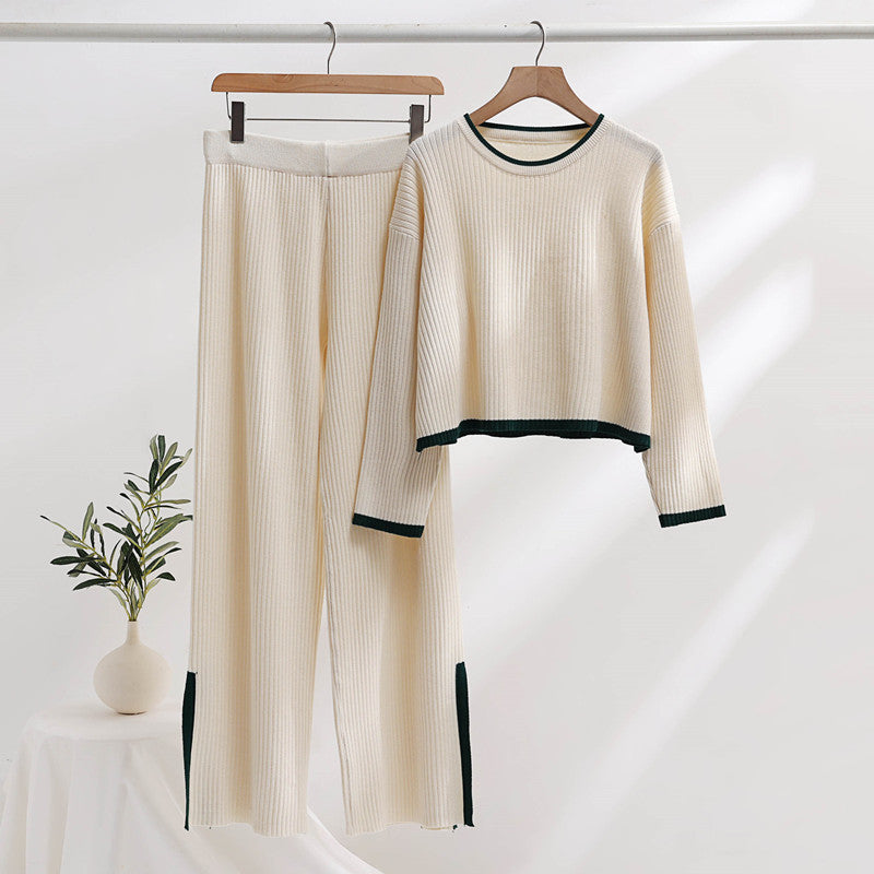Damen lässiges Strickensemble mit hohem Bund und kontrastierenden Bündchen R&B