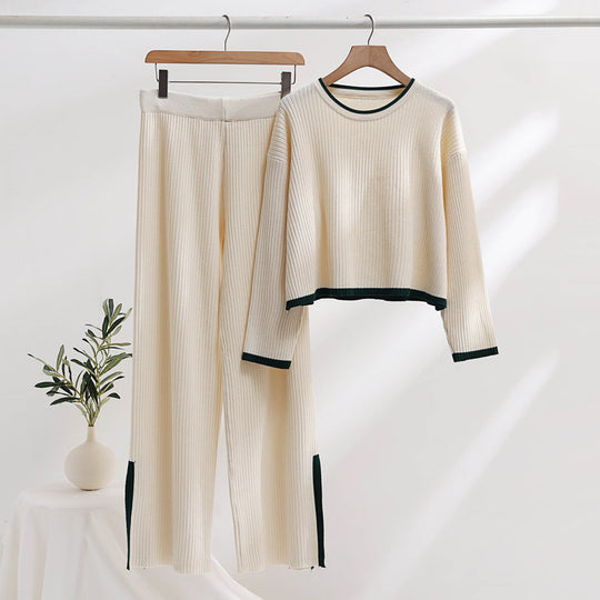 Damen lässiges Strickensemble mit hohem Bund und kontrastierenden Bündchen R&B