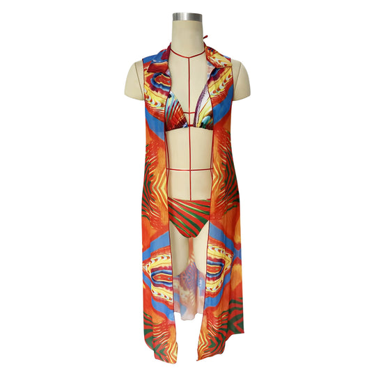 Damen Triangel-Bikini mit stylischen Schleifen und buntem Streifenmuster R&B