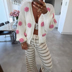 Damen gemütlicher Strickcardigan mit verspielten Blumenapplikationen R&B