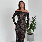 Damen Elegantes Spitzenkleid mit off-shoulder Design und langen Ärmeln R&B
