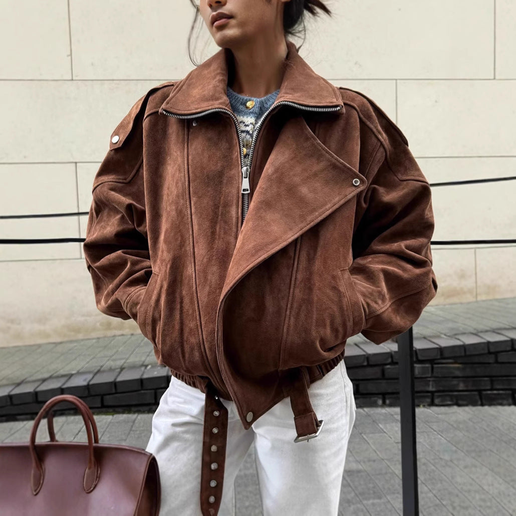 Damen lässige Wildlederjacke im Oversized-Stil mit Taillengürtel R&B
