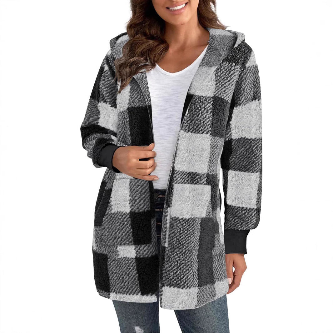 Damen Fleecejacke mit Karomuster und Kapuze R&B
