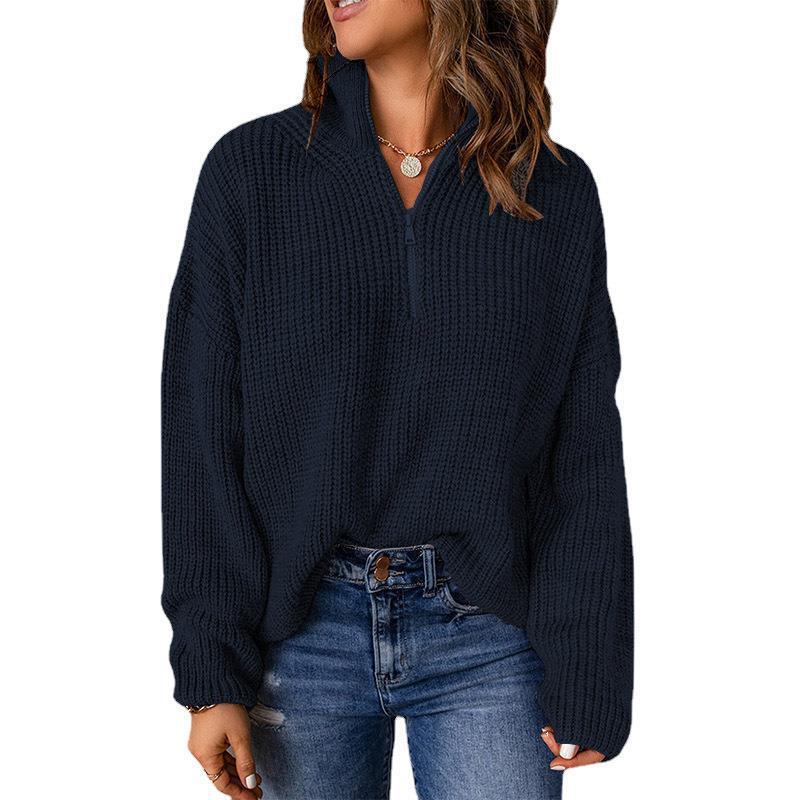 Damen Grobstrickpullover mit Stehkragen und Reißverschluss R&B