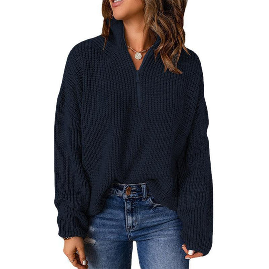 Damen Grobstrickpullover mit Stehkragen und Reißverschluss R&B