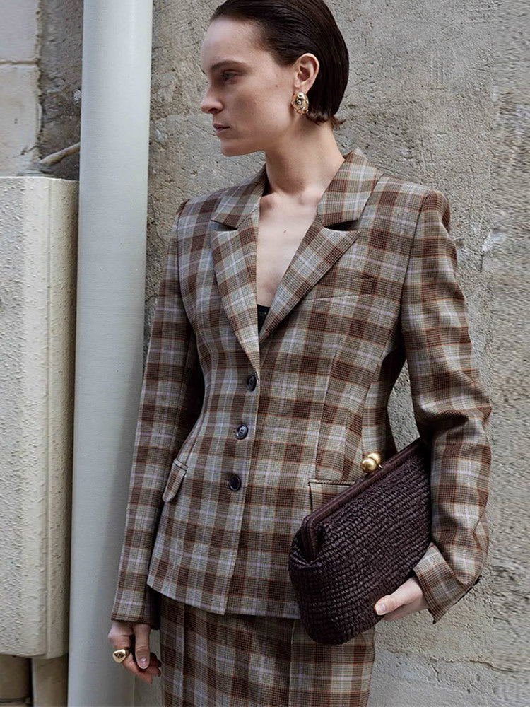 Damen Karierte Blazer- und Minirock-Kombination R&B