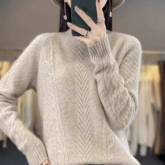 Damen Grobstrickpullover mit Zopfmuster und elegantem Rundhalsausschnitt R&B