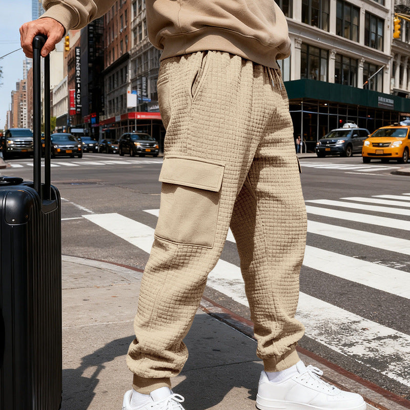 Herren nan Waffelstruktur Cargohose im Joggingstil mit Klappentaschen und elastischem Bund R&B