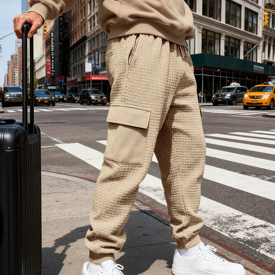Herren nan Waffelstruktur Cargohose im Joggingstil mit Klappentaschen und elastischem Bund R&B