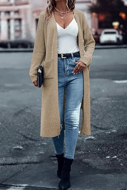 Damen Langer Strickcardigan mit tiefen Taschen und offenem Schnitt R&B