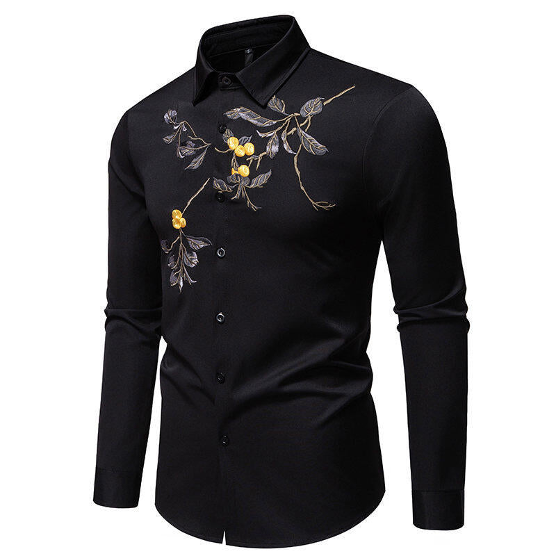 Herren Elegant besticktes Langarmhemd R&B