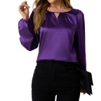 Damen elegante Satinbluse mit verspieltem Schlüsselausschnitt R&B