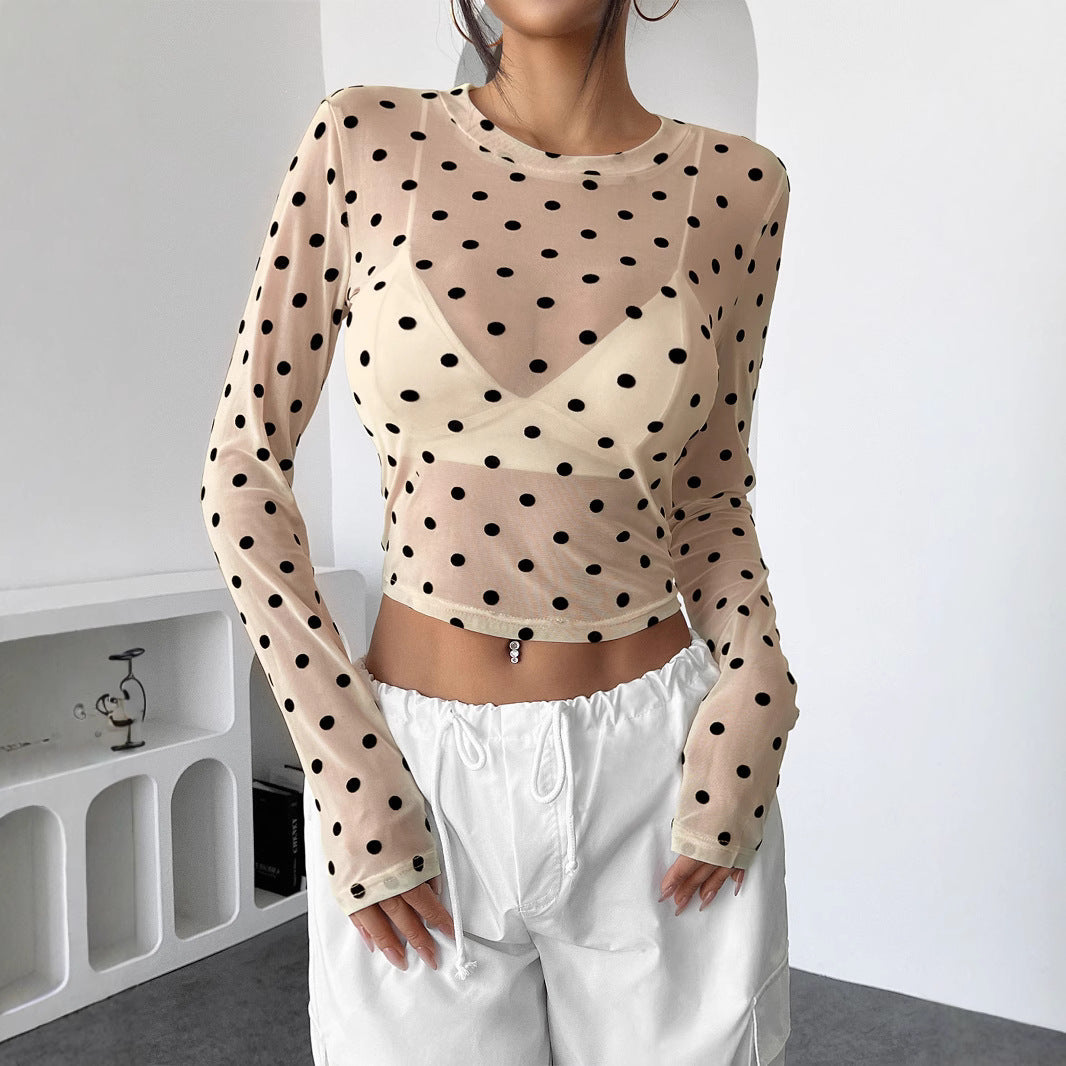 Damen nan bauchfreies Netzstoff-Oberteil mit Punktmuster und integriertem Bustier R&B