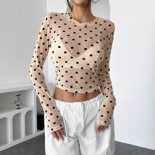 Damen nan bauchfreies Netzstoff-Oberteil mit Punktmuster und integriertem Bustier R&B