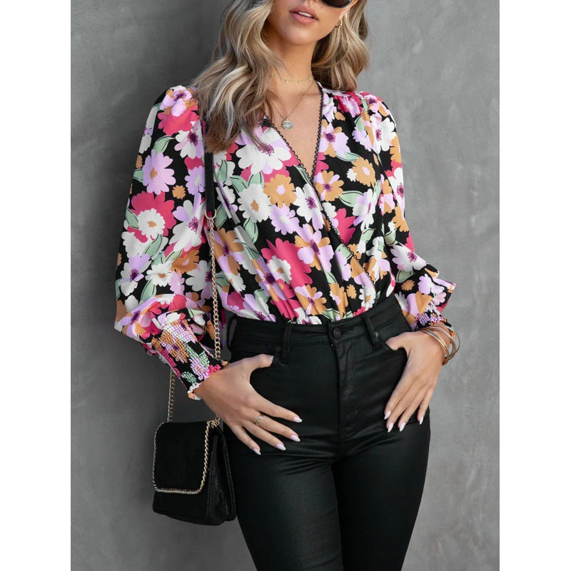 Damen Blumenbluse mit voluminösen Ärmeln R&B