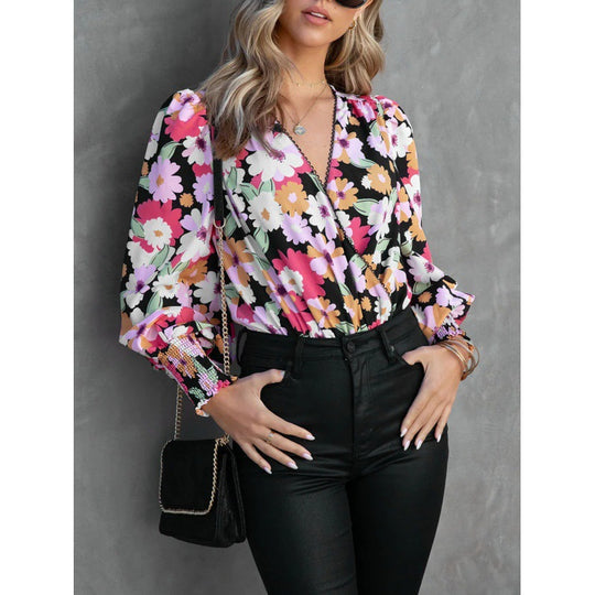 Damen Blumenbluse mit voluminösen Ärmeln R&B