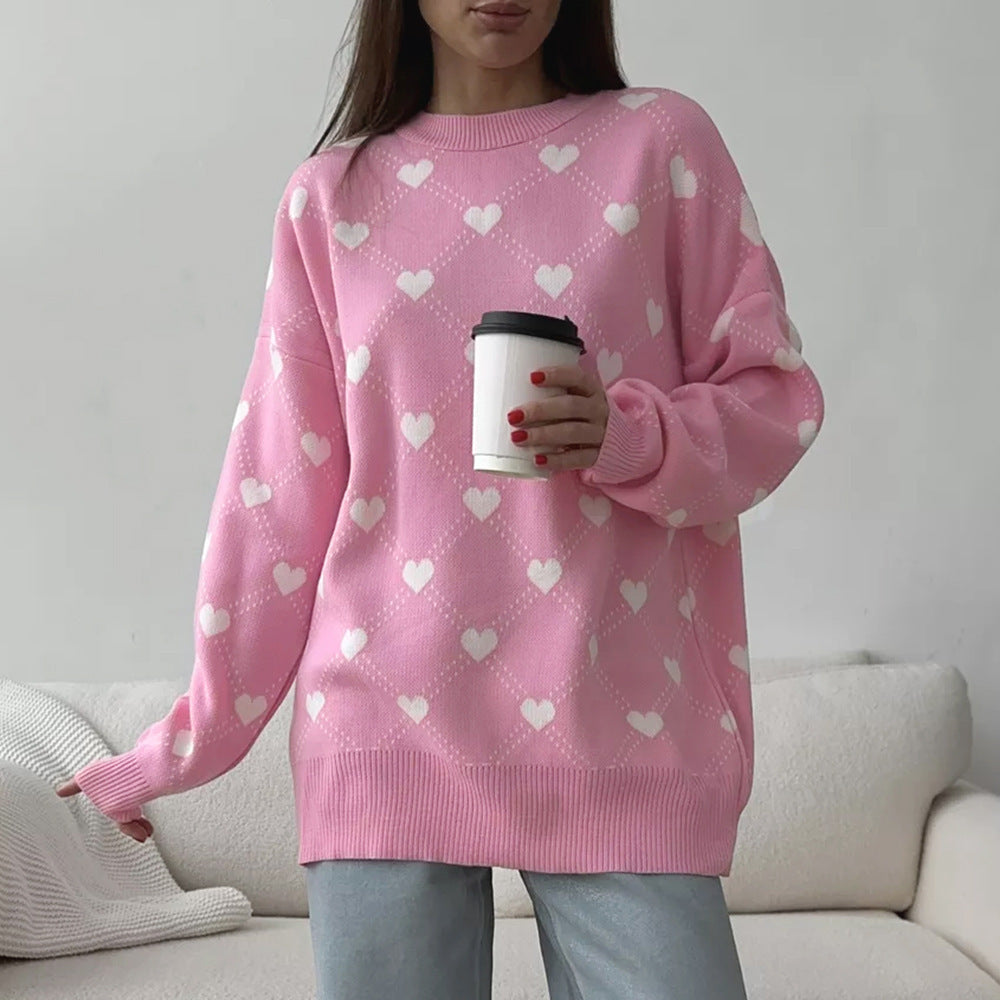 Damen Gemusterter Strickpullover mit Herzmotiv und lässigem Schnitt R&B