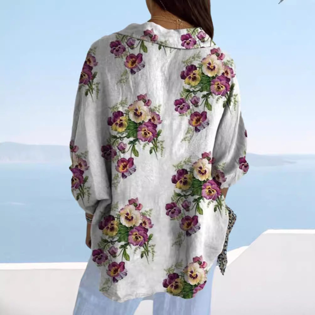 Damen Leinenbluse mit floralen Akzenten Heidi-Mode