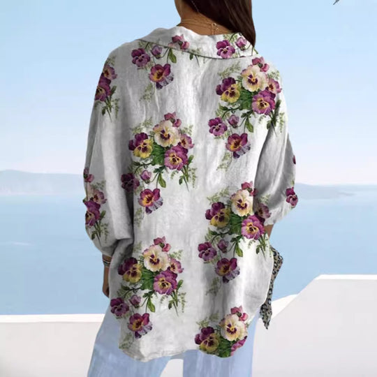 Damen Leinenbluse mit floralen Akzenten Heidi-Mode