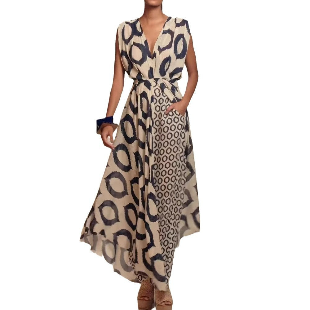 Damen Eleganter Jumpsuit mit Wickelgürtel und geometrischem Muster R&B
