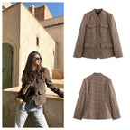 Damen elegante Karojacke mit durchgehender Knopfleiste und praktischen Taschen R&B