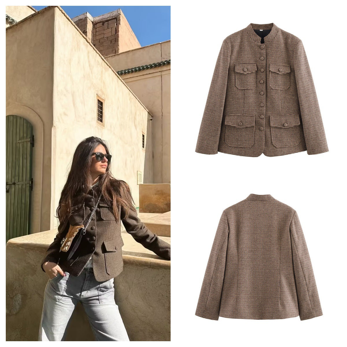 Damen elegante Karojacke mit durchgehender Knopfleiste und praktischen Taschen R&B