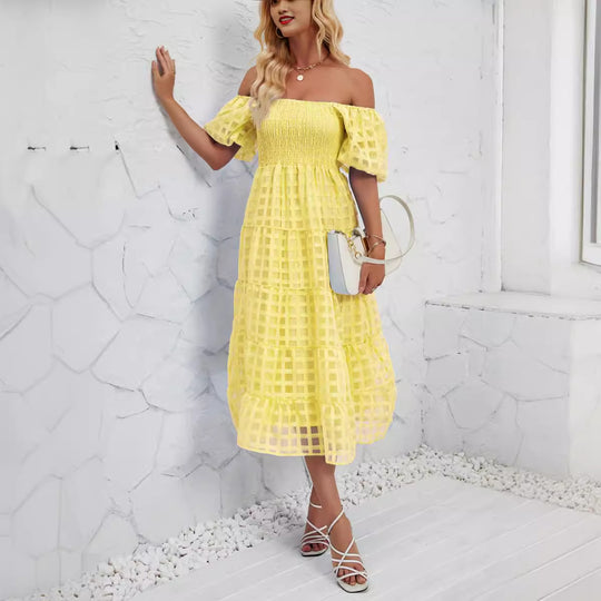 Damen Midi-Kleid mit Puffärmeln und elastischem Taillengürtel R&B