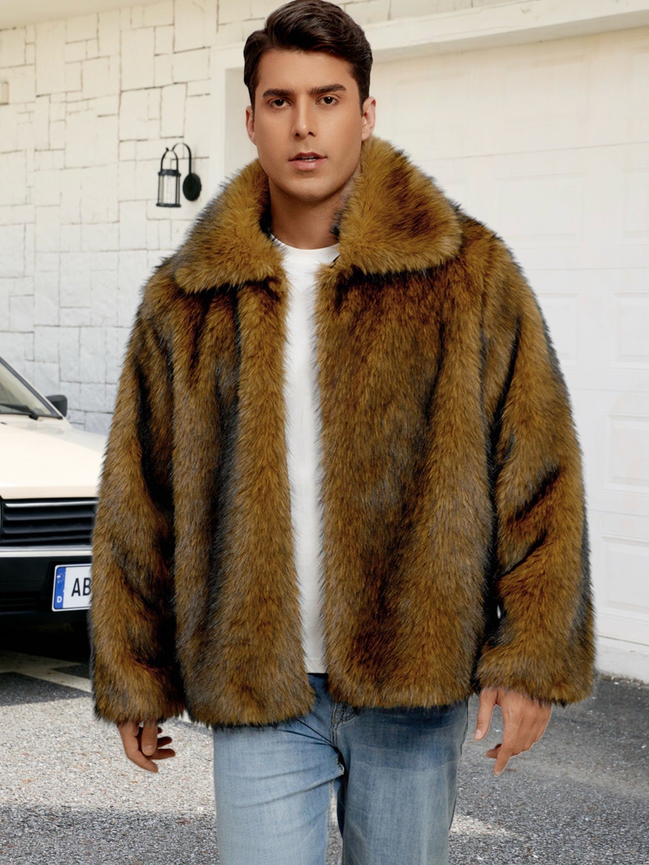 Herren Luxuriöse Kunstpelzjacke mit breitem Revers R&B