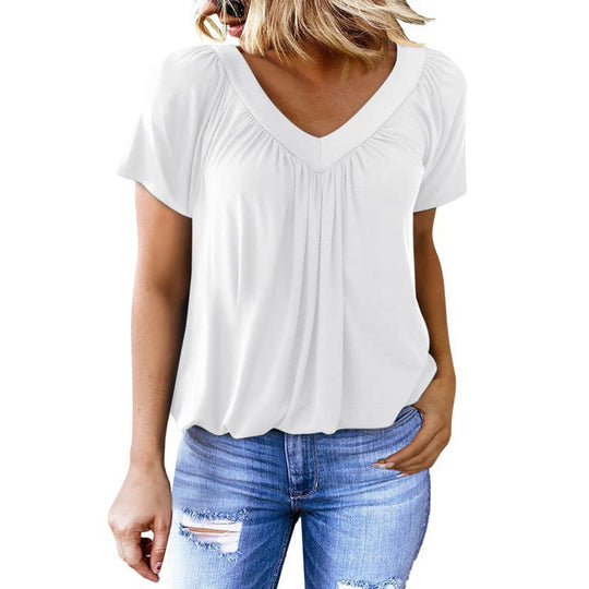 Damen luftige V-Ausschnitt Bluse mit Plissee und kurzen Ärmeln R&B