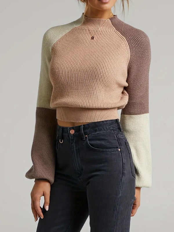 Damen Strickpullover mit weitem Arm und innovativem Farbblockdesign R&B