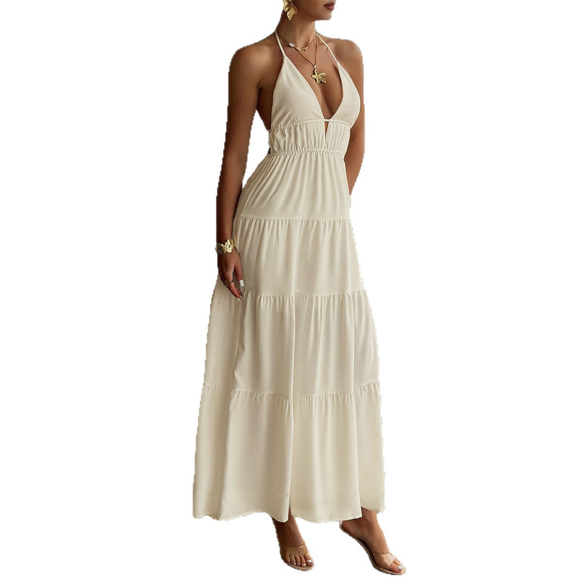 Damen Maxikleid mit tiefem V-Ausschnitt und schwingendem Rock R&B