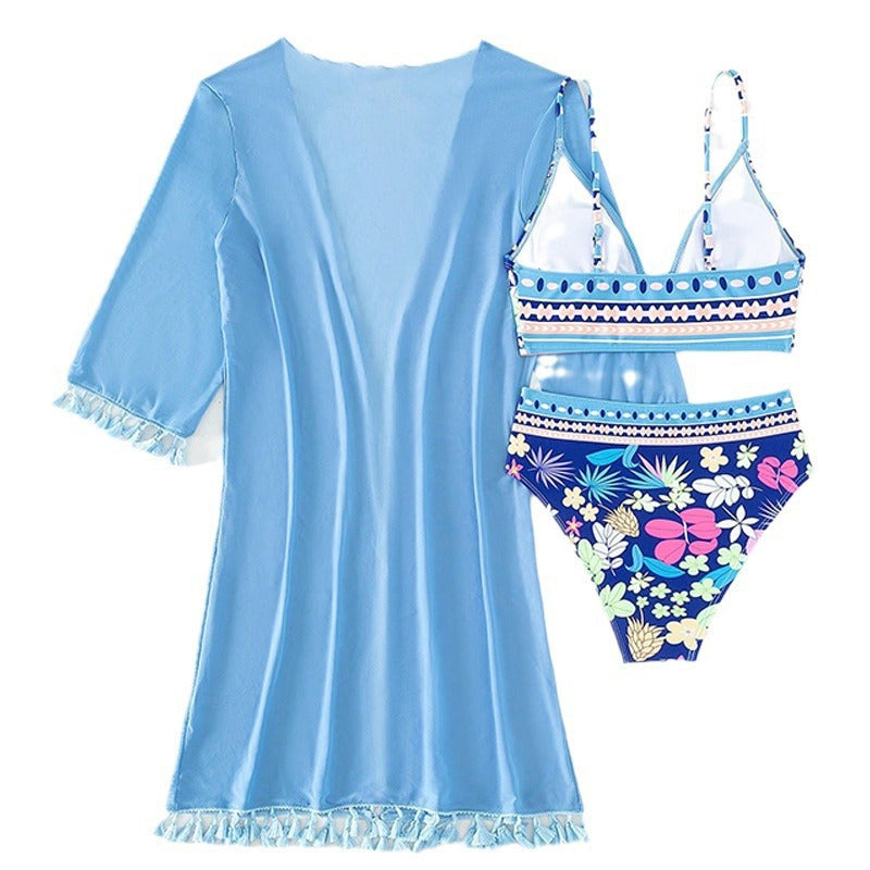 Damen Bikini-Set mit floralem Oberteil und eleganter Wickeljacke R&B