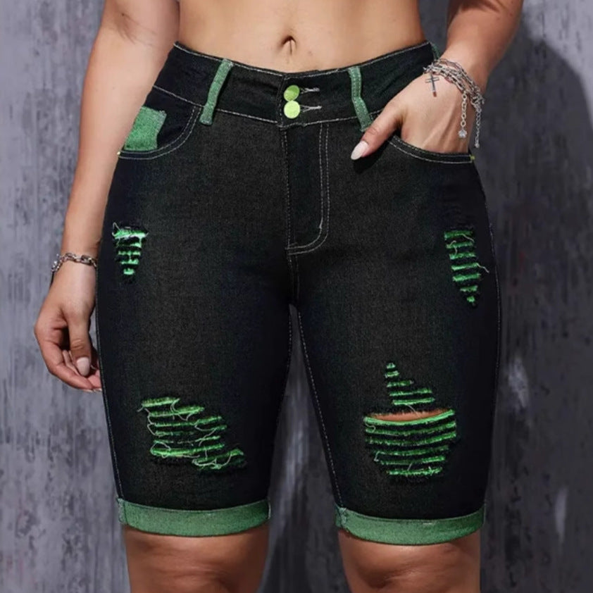 Damen Destroyed Denim-Shorts mit auffälligen Akzenten und hohem Bund R&B