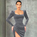 Damen elegantes Raffungskleid mit tiefem Schlitz und Puffärmeln R&B