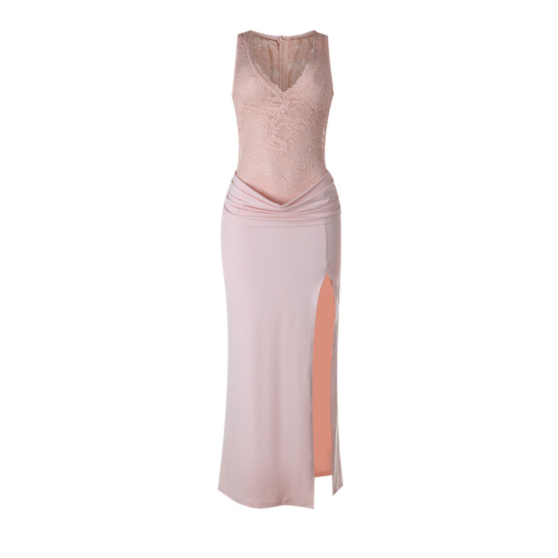 Damen Elegantes Maxikleid mit transparentem Spitzenoberteil und raffiniertem Schlitz R&B