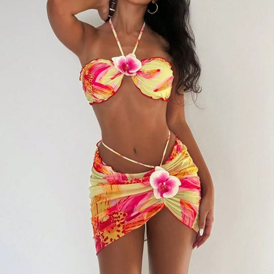 Damen Bikini-Set mit Blumenmuster und raffinierter Wickelrock R&B