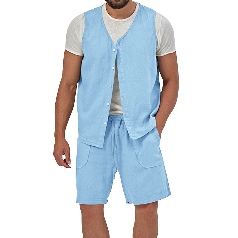 Herren nan zweiteiliges Freizeit-Set mit ärmelloser Knopfweste und weiten Kordelzug-Shorts mit aufgesetzten Taschen R&B