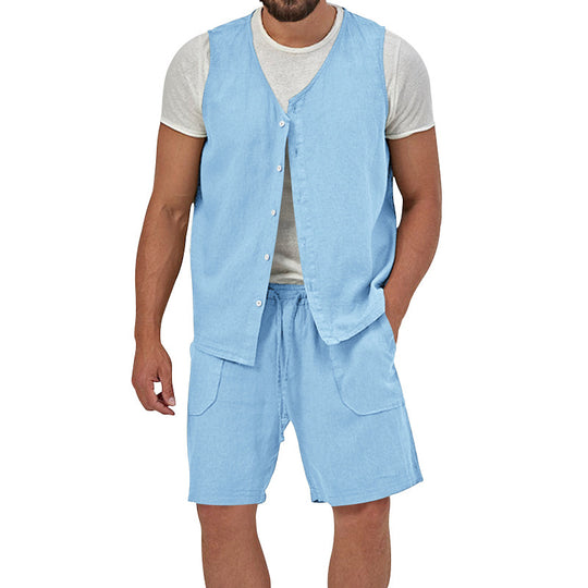 Herren nan zweiteiliges Freizeit-Set mit ärmelloser Knopfweste und weiten Kordelzug-Shorts mit aufgesetzten Taschen R&B