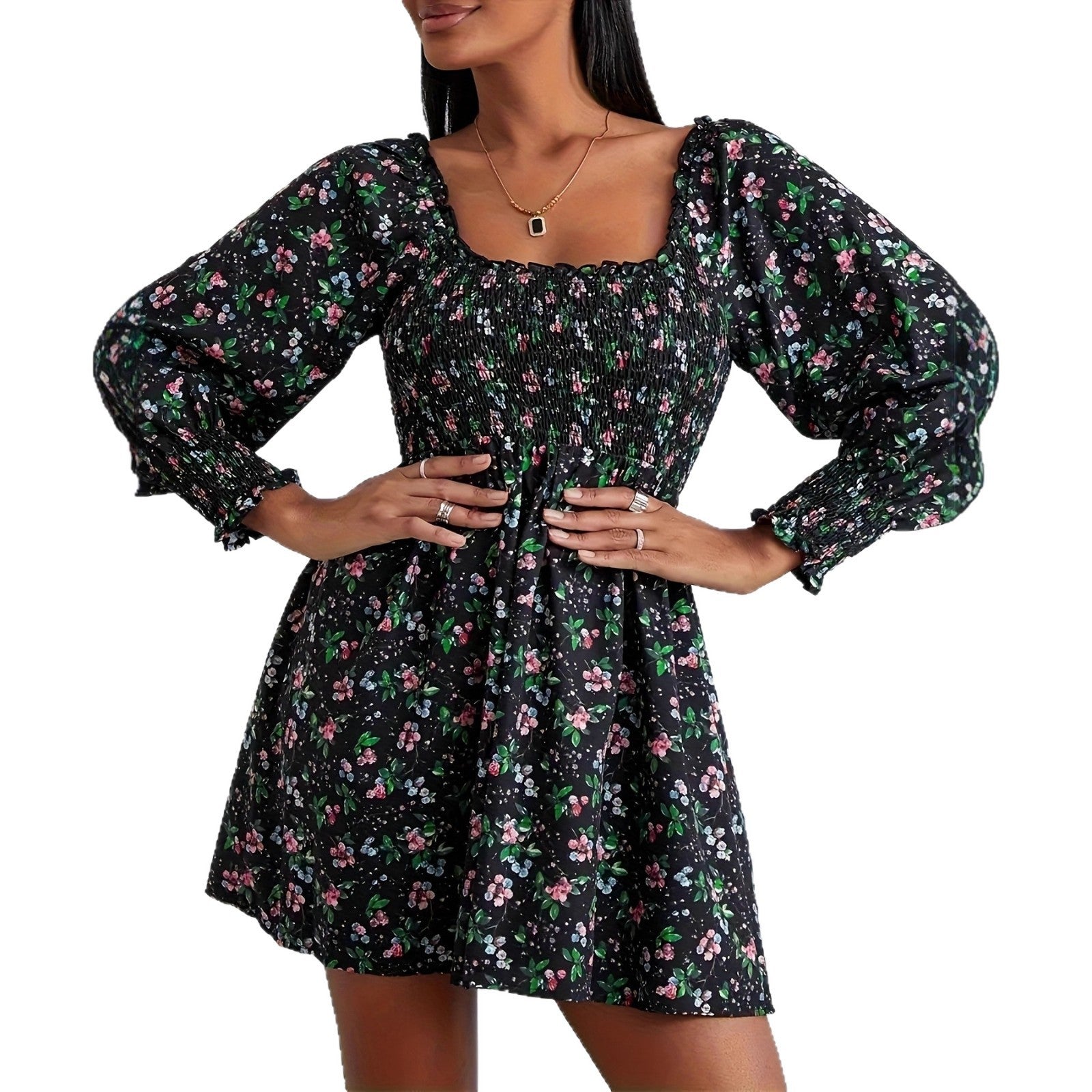 Damen Blumenkleid mit Smock-Details und schwingendem Saum R&B