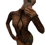 Damen Modischer Bodysuit mit tiefem V-Ausschnitt und Leopardenmuster R&B
