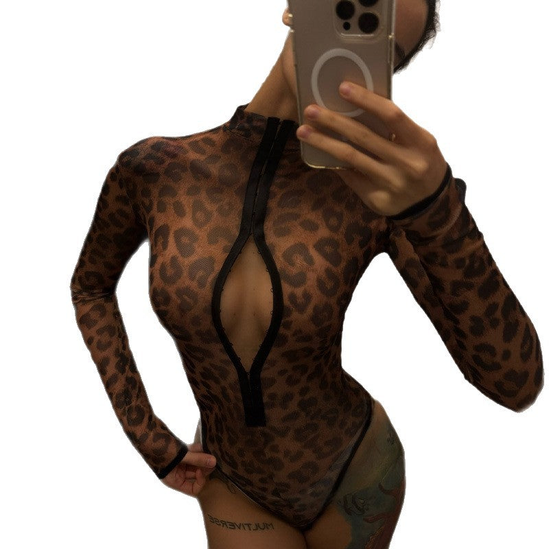 Damen Modischer Bodysuit mit tiefem V-Ausschnitt und Leopardenmuster R&B
