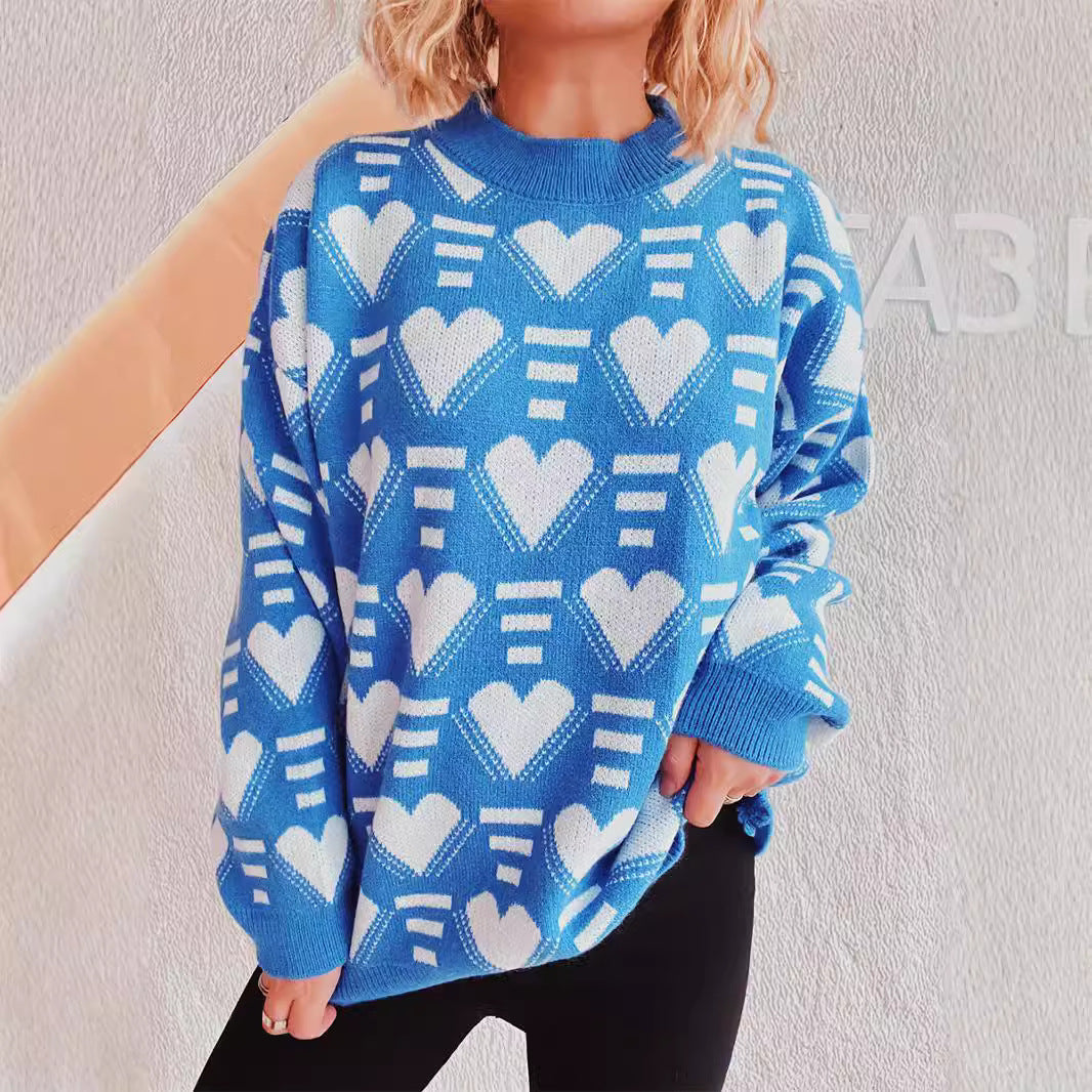 Damen gestrickter Pullover im modernen Herzdesign mit weitem Schnitt R&B