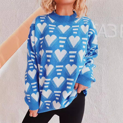 Damen gestrickter Pullover im modernen Herzdesign mit weitem Schnitt R&B