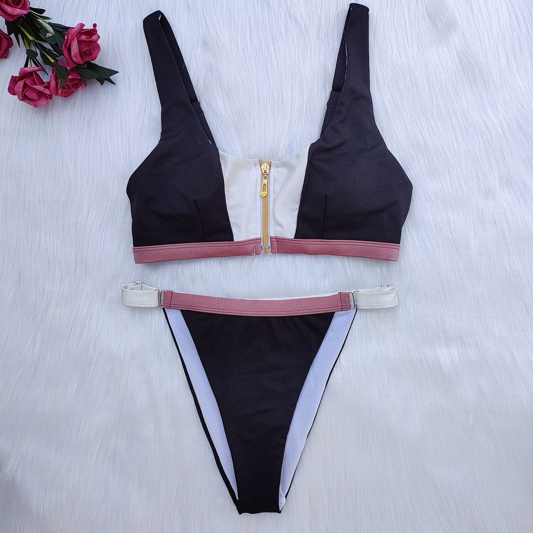 Damen Sport-Bikini-Set mit Reißverschluss und farblich abgesetzten Details R&B