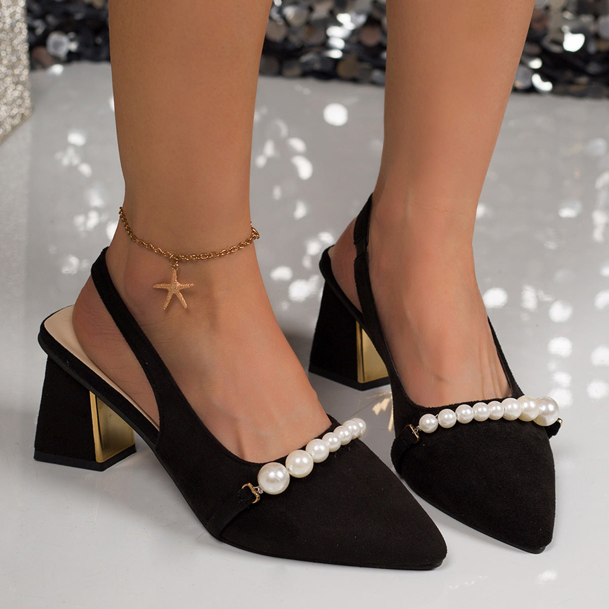 Damen Slingback-Pumps mit elegantem Perlenbesatz und stabiler Absatzhöhe R&B