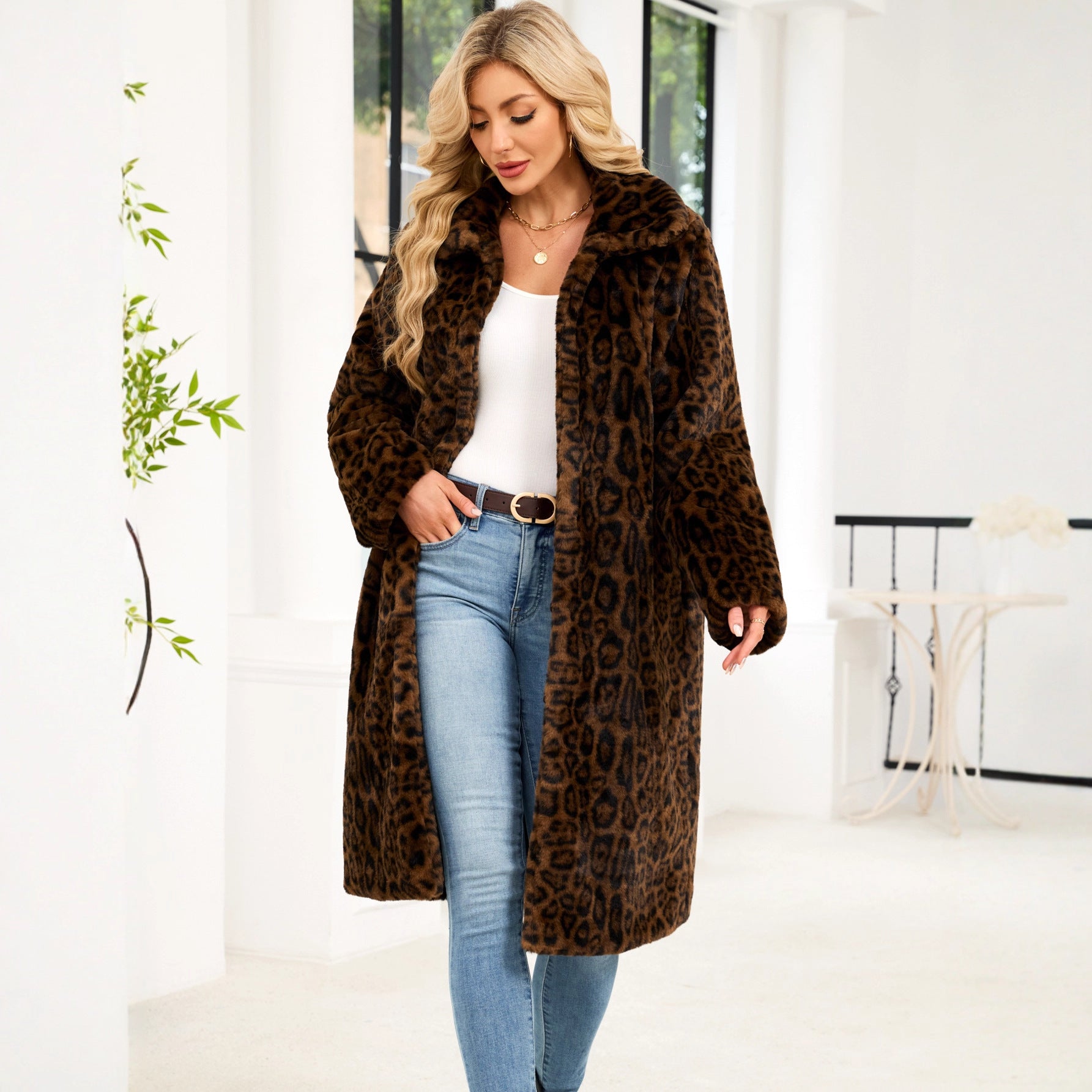 Damen Modischer Kunstpelzmantel mit Leopardenmuster R&B