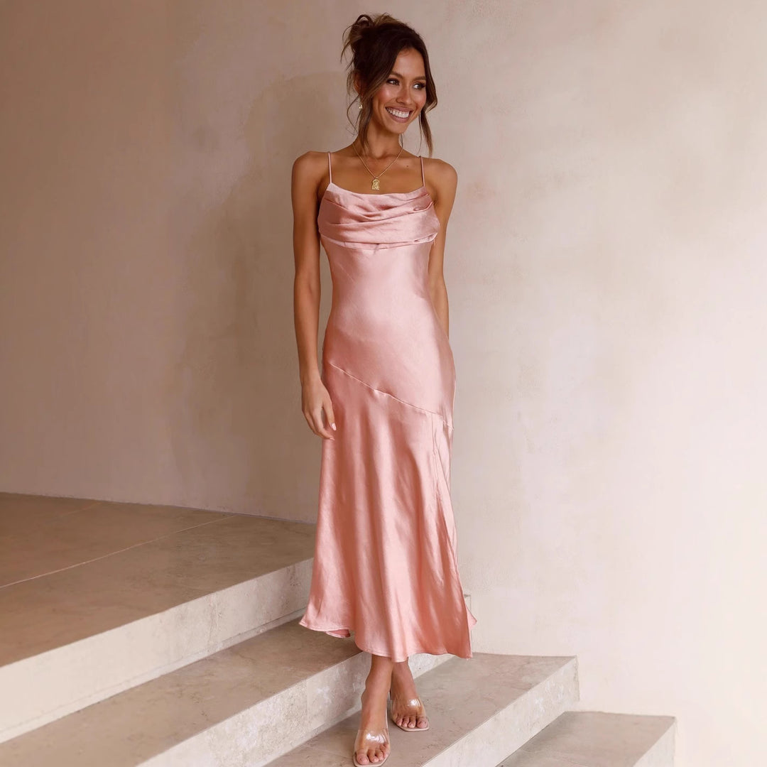 Damen Satin Maxikleid mit elegantem Schlitz und verstellbaren Trägern R&B