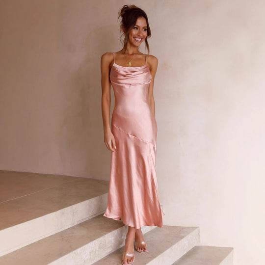 Damen Satin Maxikleid mit elegantem Schlitz und verstellbaren Trägern R&B